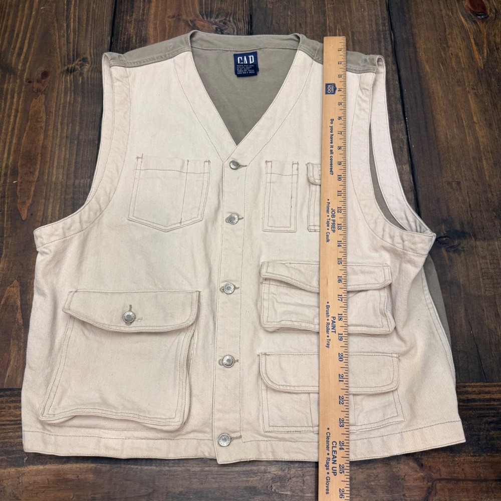 Gap‎ Mens Vintage Utility Fishing Vest Cream Olive Cotton Canvas Large - Picture 3 of 5